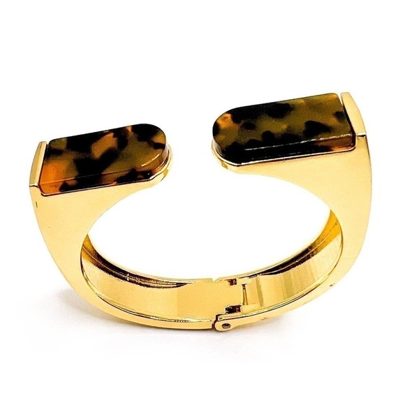 CABI Zelda Cuff Faux Tortoiseshell Hinged Bracelet Open Goldtone - Picture 1 of 7